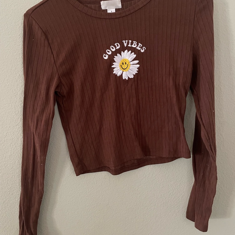 Brown Ribbed Long Sleeve Top with Embroidered Daisy